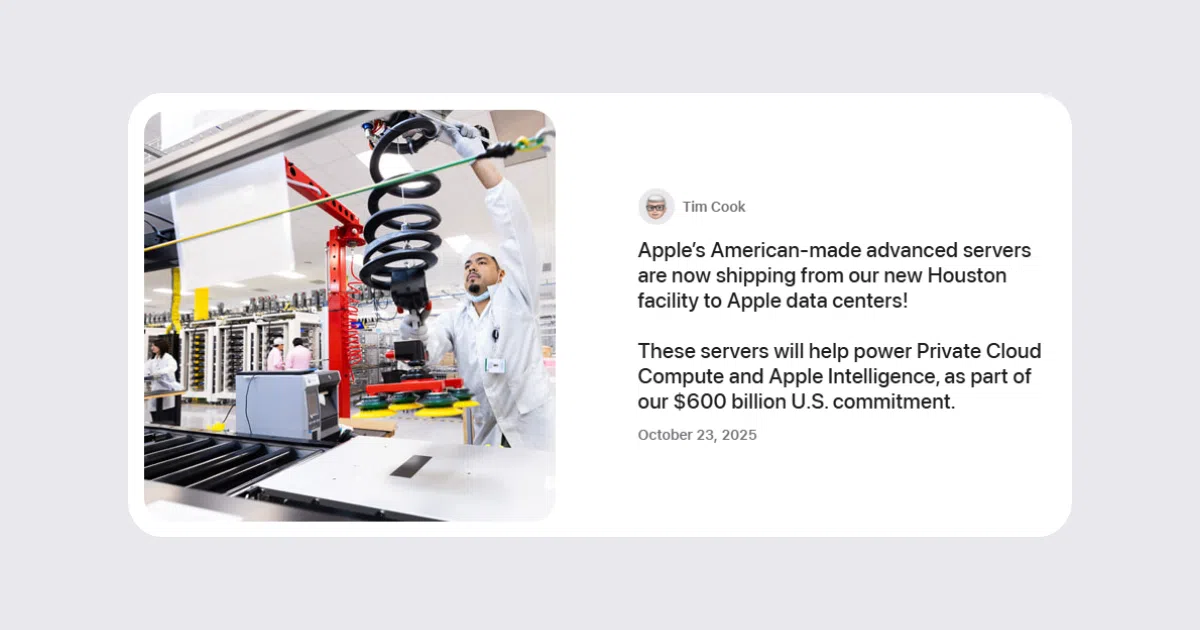Apple expédie très tôt des serveurs d'IA fabriqués à Houston pour alimenter Apple Intelligence